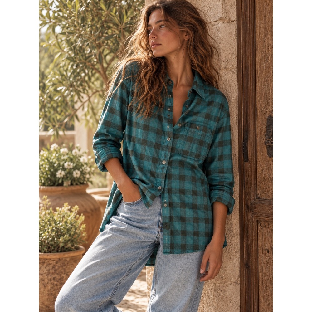 Filson Flannel Shirt Womens Small Teal Black Buffalo Check Cotton Outdoor